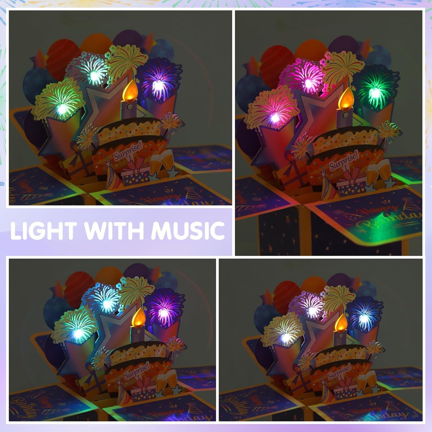 taonganui Geburtstagskarte mit Musik Blowable LED Licht Kerze 3D Pop Up Feuerwerk-Karte mit Lichtern Happy Birthday Geburtstag Geschenke fuer Frauen, Maenner, Freundin und Kinder
