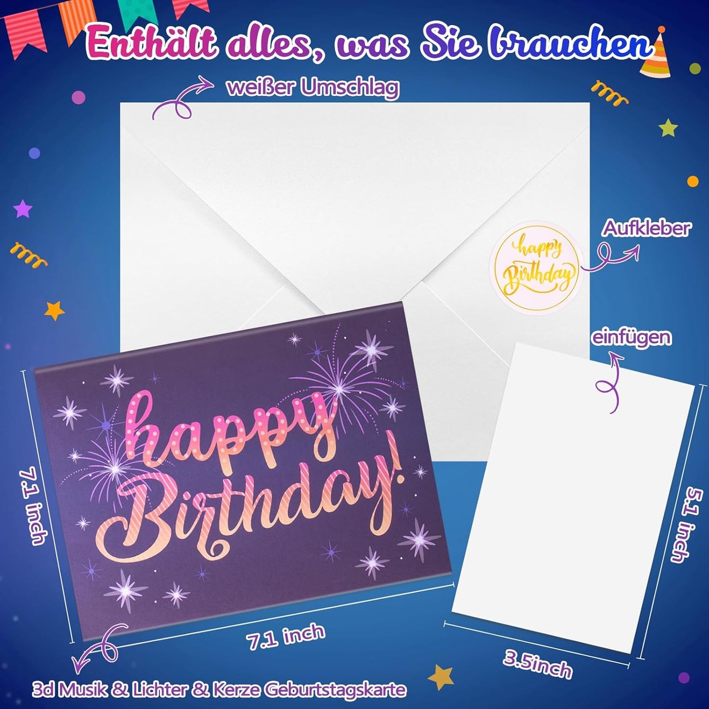 FITMITE Happy Birthday Geburtstagskarte Pop Up Kuchen Geburtstagskarten mit Musik und Licht 3D Feuerwerk Karte Geburtstag Geschenke fuer Frau Maenner Freundin