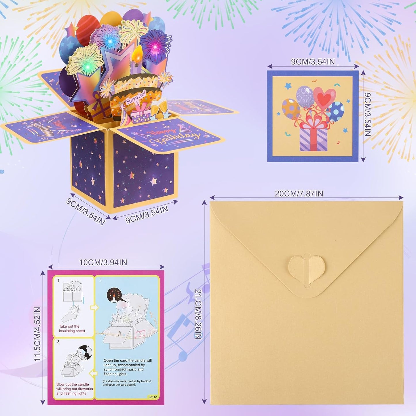 taonganui Geburtstagskarte mit Musik Blowable LED Licht Kerze 3D Pop Up Feuerwerk-Karte mit Lichtern Happy Birthday Geburtstag Geschenke fuer Frauen, Maenner, Freundin und Kinder