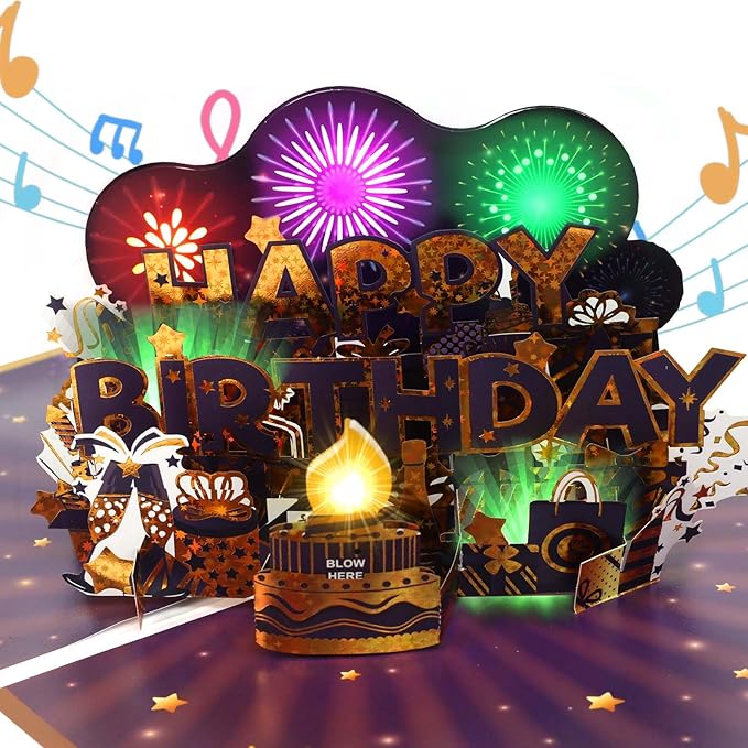 Geburtstagskarte, Musik & Feuerwerk & ausblasbare Kerze Geburtstagskarten, 3D Happy Birthday Pop Up Geburtstagskarte, Grusskarte fuer Mann Frauen Maenner Ehemann Ehefrau Jungen Maedchen Kinder