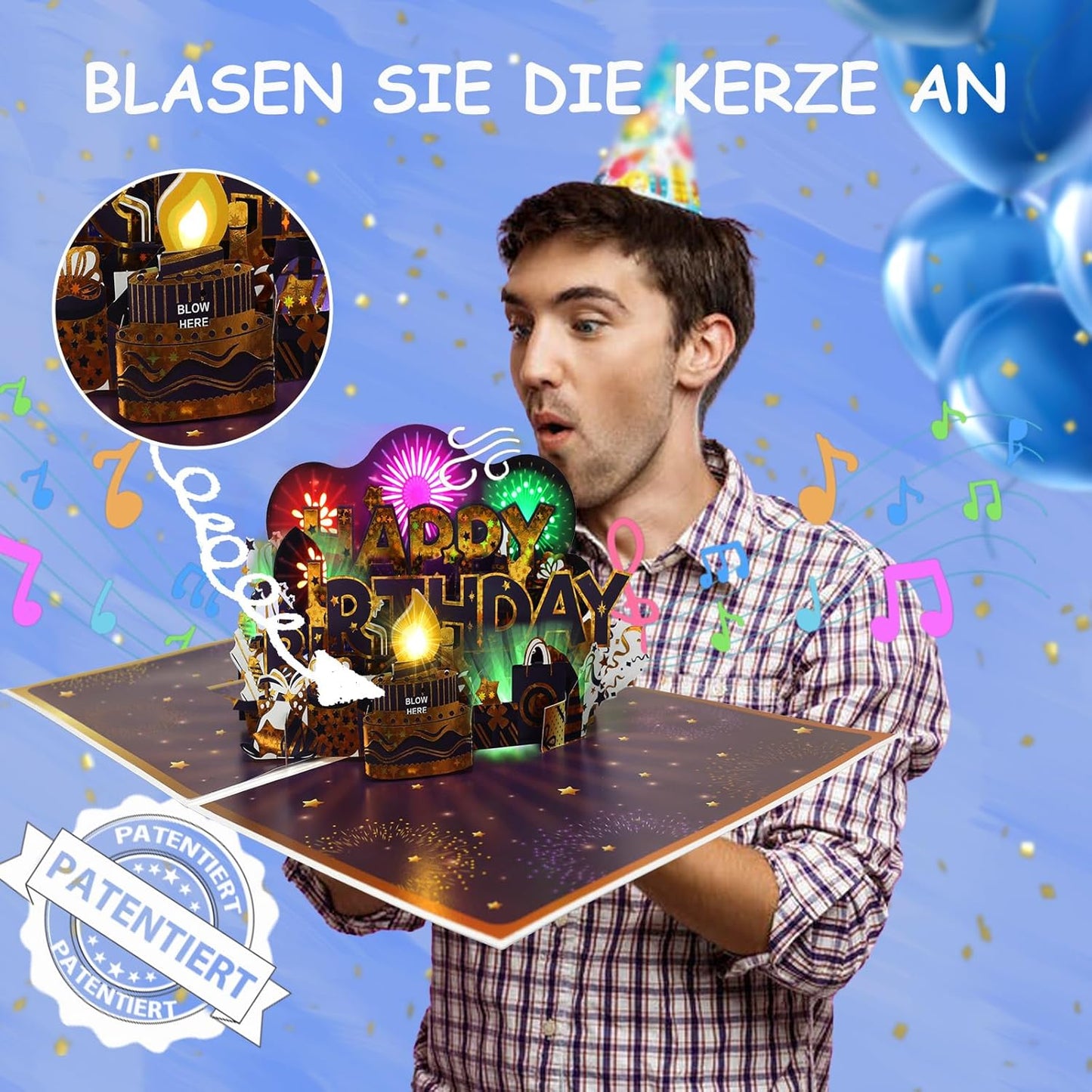 Geburtstagskarte, Musik & Feuerwerk & ausblasbare Kerze Geburtstagskarten, 3D Happy Birthday Pop Up Geburtstagskarte, Grusskarte fuer Mann Frauen Maenner Ehemann Ehefrau Jungen Maedchen Kinder