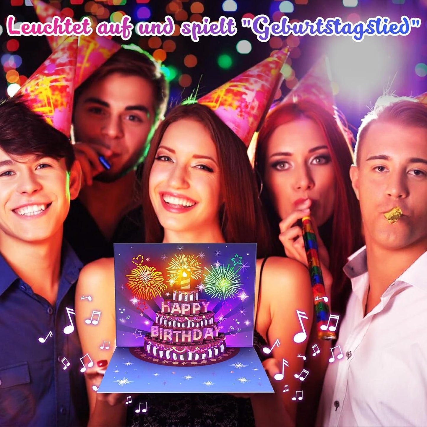 FITMITE Happy Birthday Geburtstagskarte Pop Up Kuchen Geburtstagskarten mit Musik und Licht 3D Feuerwerk Karte Geburtstag Geschenke fuer Frau Maenner Freundin