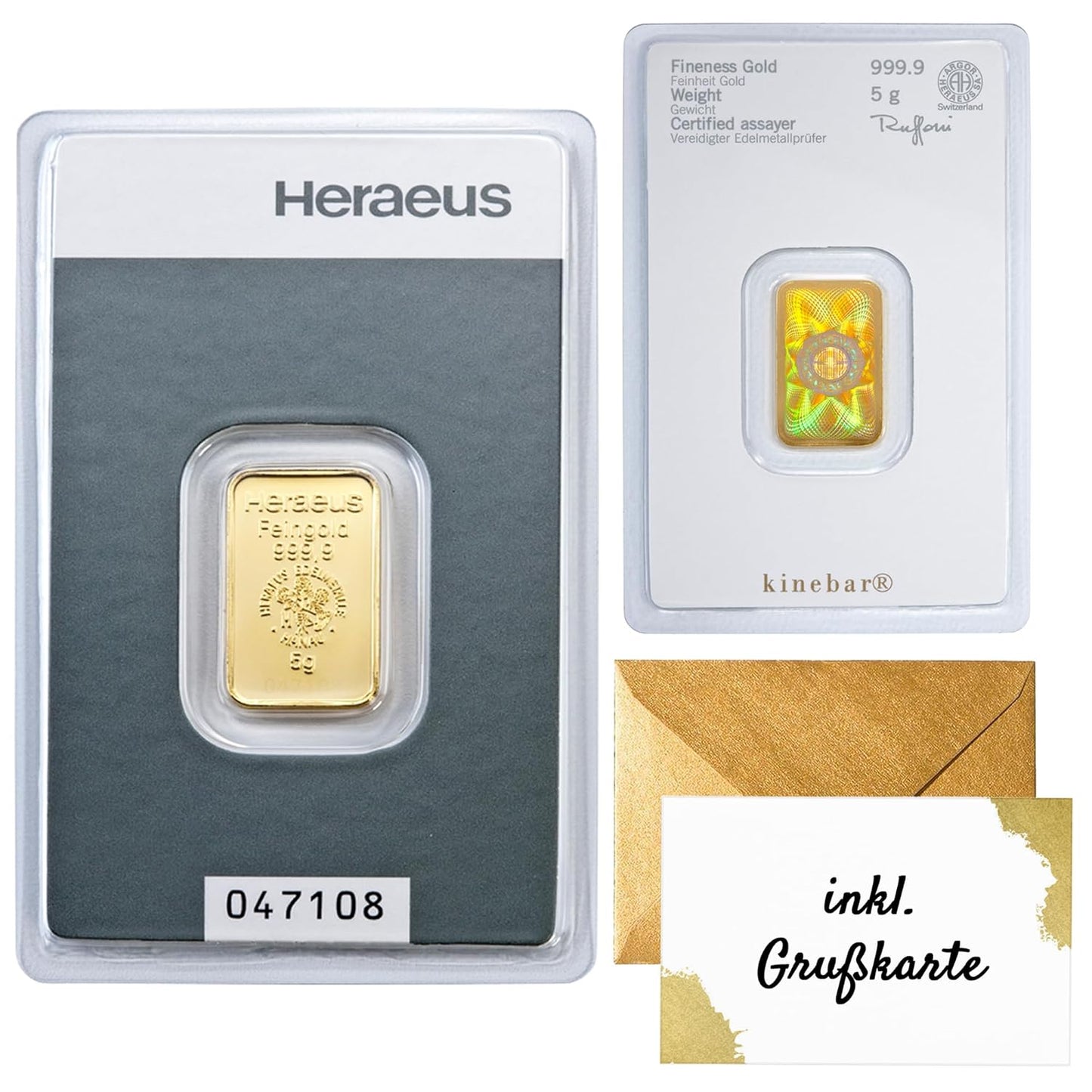 Gold to give as a gift - Heraeus Kinebar 5g gold bar - includes gift packaging, greeting card and guarantee of authenticity