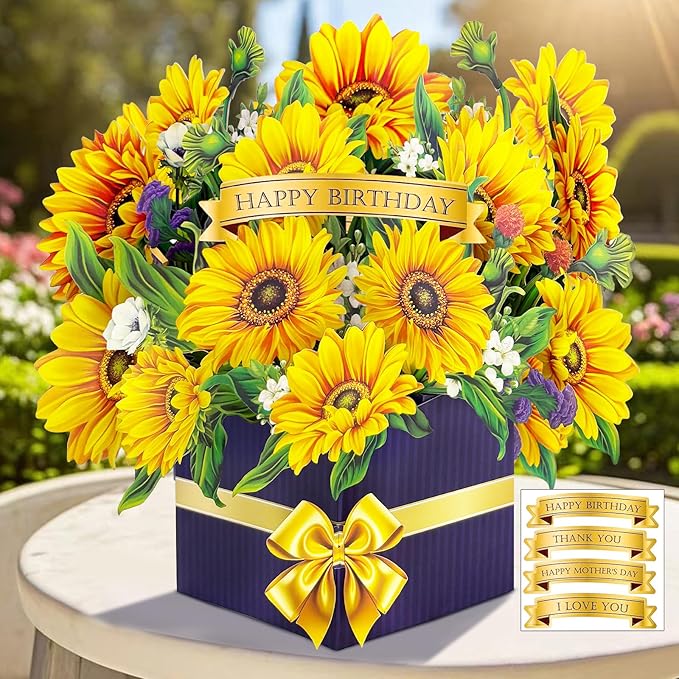 Hierein Sonnenblumen Geburtstagskarte Frau, 3D Blumen Geburtstagskarte Pop Up fuer Mama Ehefrau Schwester, Happy Birthday Karte, Pop Up Karte fuer Geburtstag Jahrestag Danke Gute Besserung