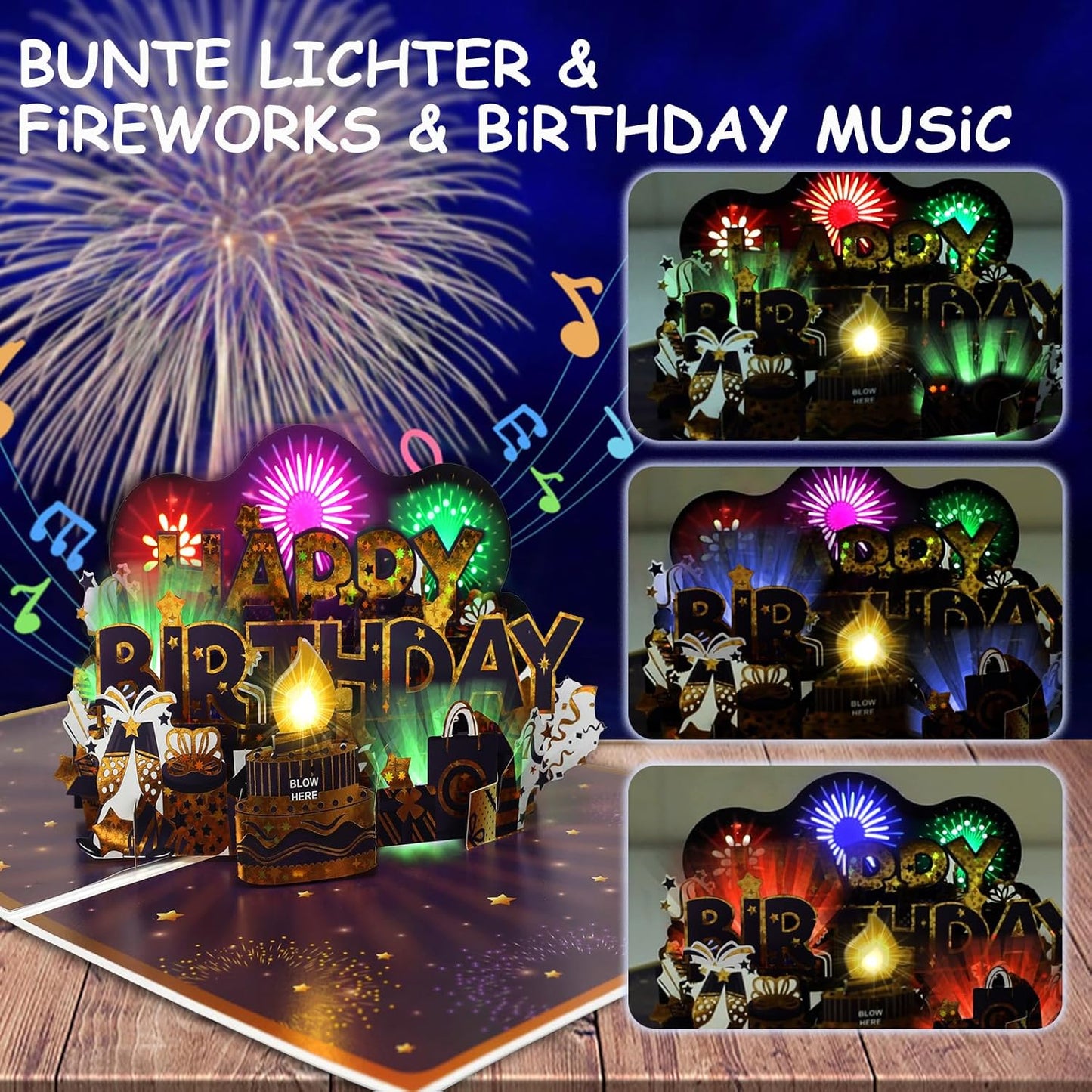 Geburtstagskarte, Musik & Feuerwerk & ausblasbare Kerze Geburtstagskarten, 3D Happy Birthday Pop Up Geburtstagskarte, Grusskarte fuer Mann Frauen Maenner Ehemann Ehefrau Jungen Maedchen Kinder