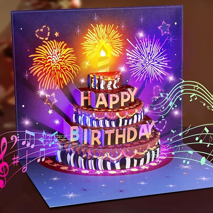 FITMITE Happy Birthday Geburtstagskarte Pop Up Kuchen Geburtstagskarten mit Musik und Licht 3D Feuerwerk Karte Geburtstag Geschenke fuer Frau Maenner Freundin