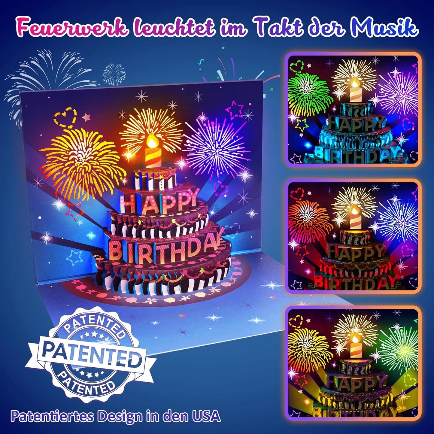 FITMITE Happy Birthday Geburtstagskarte Pop Up Kuchen Geburtstagskarten mit Musik und Licht 3D Feuerwerk Karte Geburtstag Geschenke fuer Frau Maenner Freundin