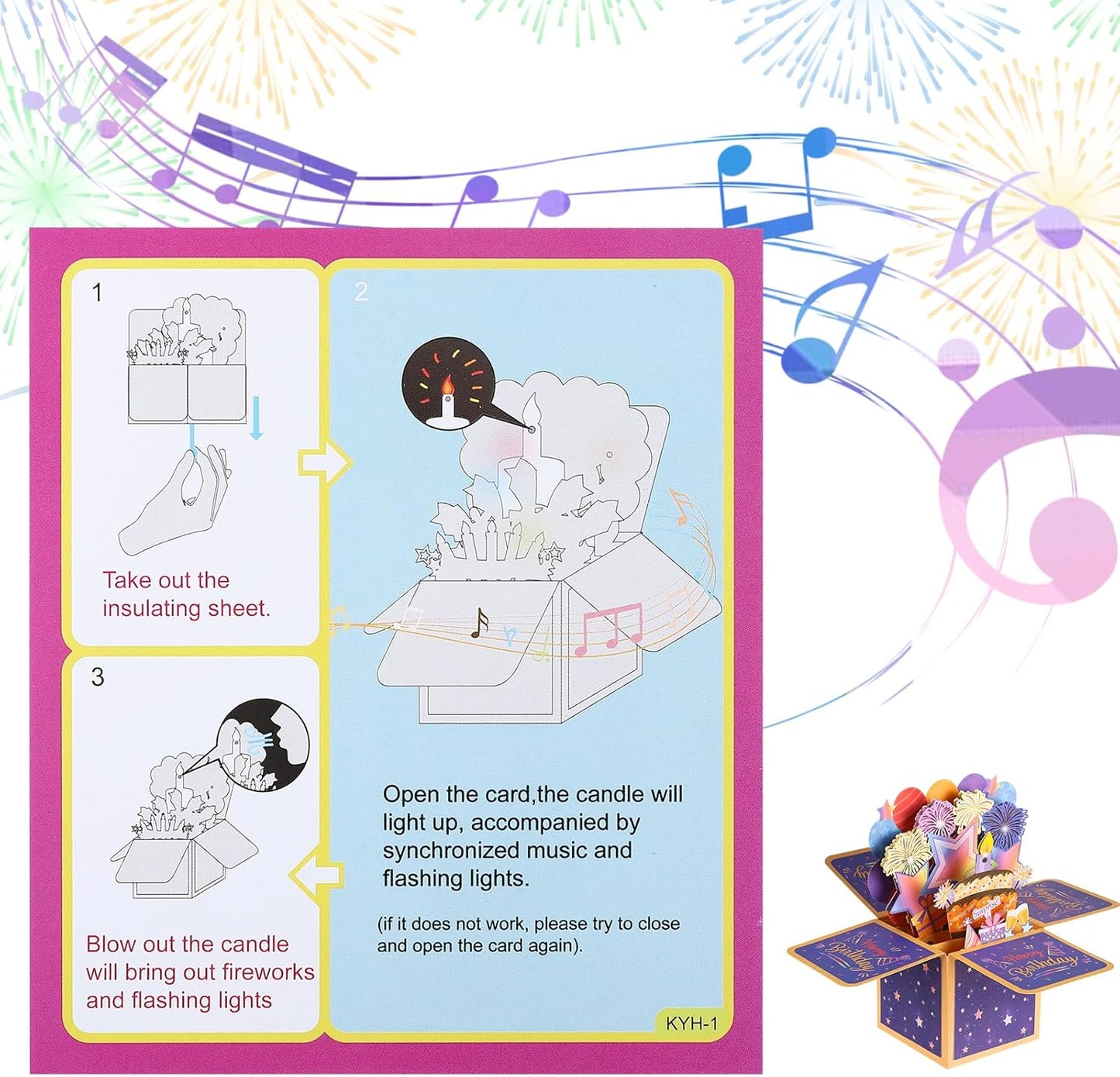 taonganui Geburtstagskarte mit Musik Blowable LED Licht Kerze 3D Pop Up Feuerwerk-Karte mit Lichtern Happy Birthday Geburtstag Geschenke fuer Frauen, Maenner, Freundin und Kinder