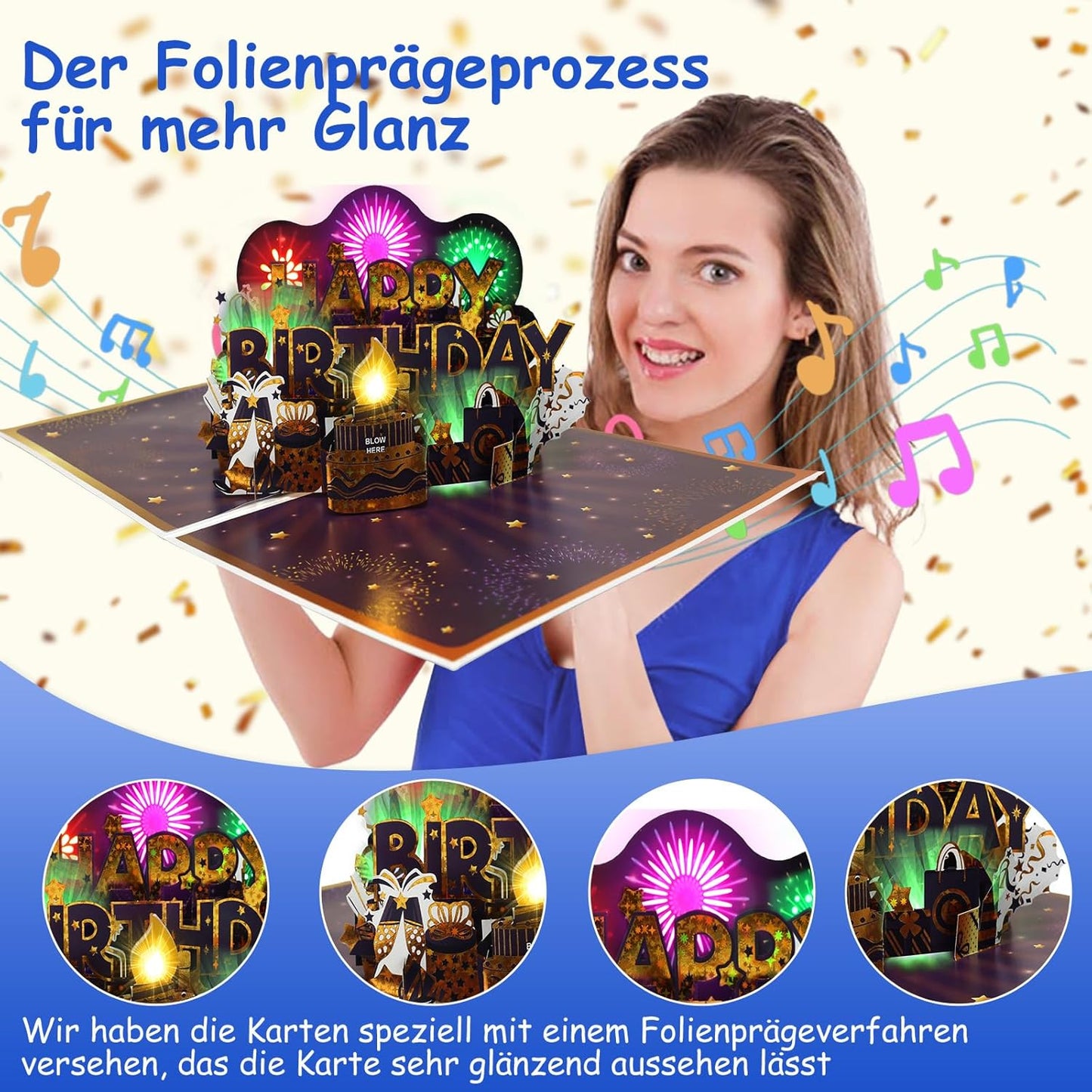 Geburtstagskarte, Musik & Feuerwerk & ausblasbare Kerze Geburtstagskarten, 3D Happy Birthday Pop Up Geburtstagskarte, Grusskarte fuer Mann Frauen Maenner Ehemann Ehefrau Jungen Maedchen Kinder