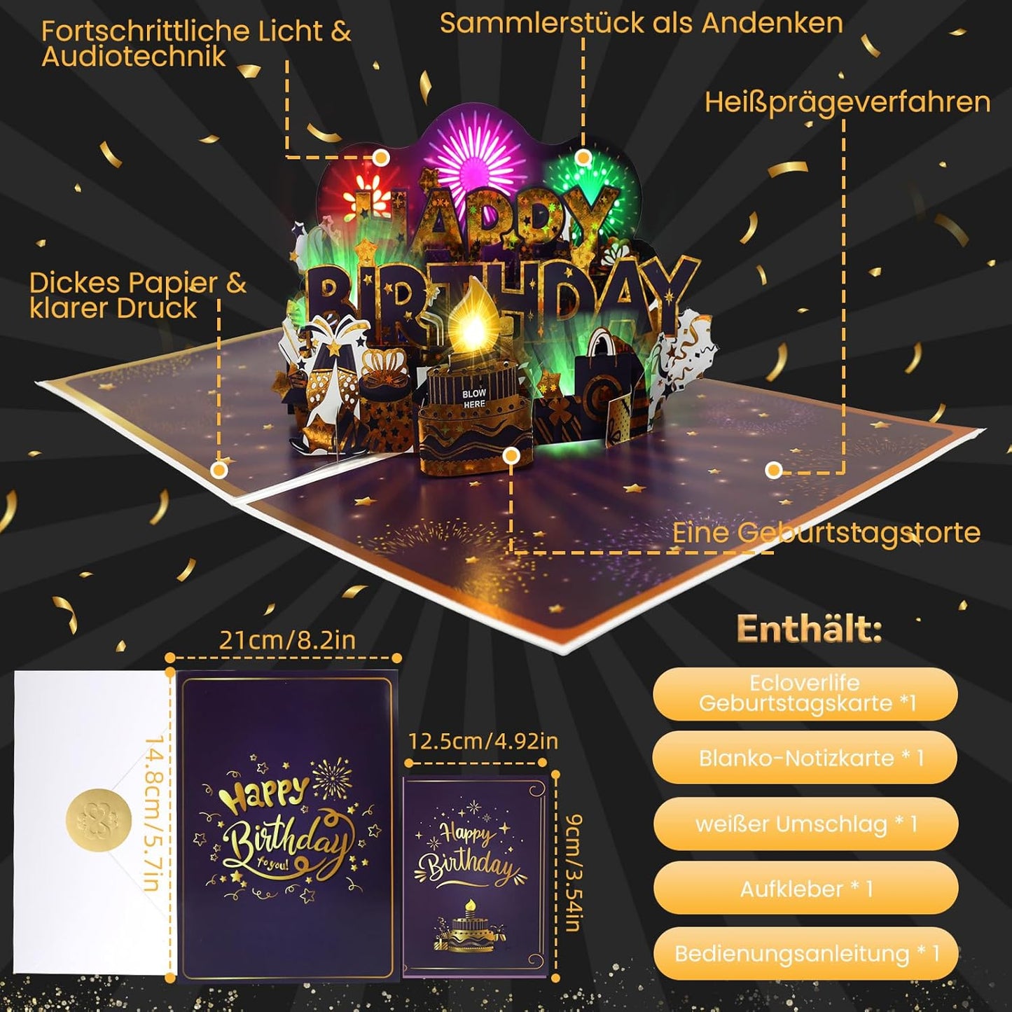 Geburtstagskarte, Musik & Feuerwerk & ausblasbare Kerze Geburtstagskarten, 3D Happy Birthday Pop Up Geburtstagskarte, Grusskarte fuer Mann Frauen Maenner Ehemann Ehefrau Jungen Maedchen Kinder