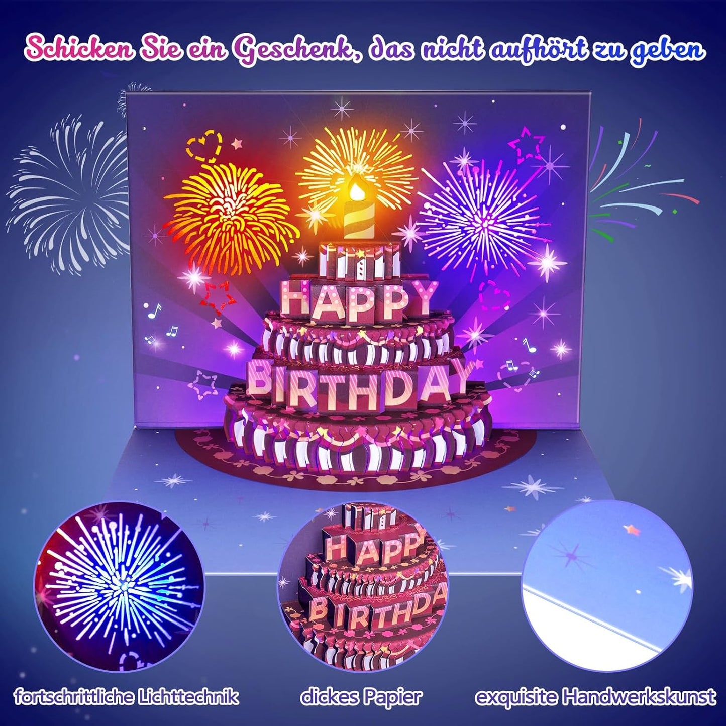 FITMITE Happy Birthday Geburtstagskarte Pop Up Kuchen Geburtstagskarten mit Musik und Licht 3D Feuerwerk Karte Geburtstag Geschenke fuer Frau Maenner Freundin