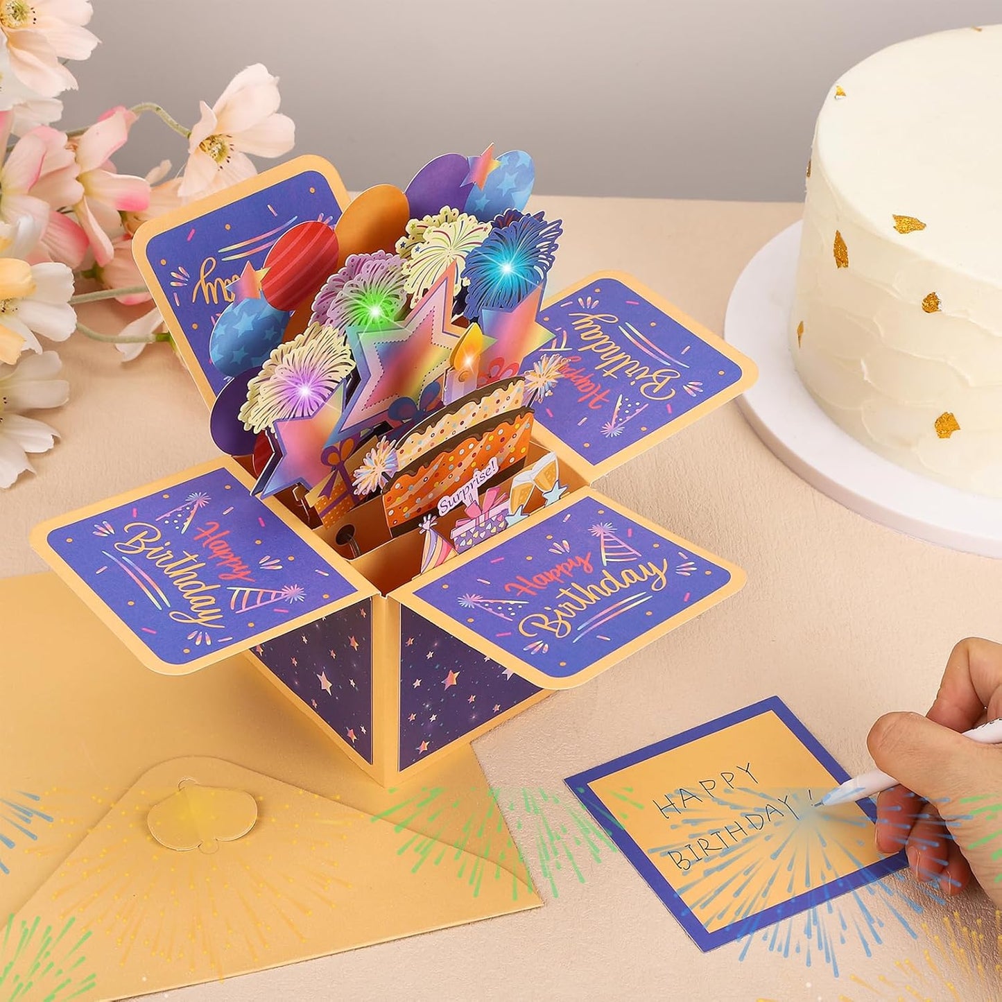 taonganui Geburtstagskarte mit Musik Blowable LED Licht Kerze 3D Pop Up Feuerwerk-Karte mit Lichtern Happy Birthday Geburtstag Geschenke fuer Frauen, Maenner, Freundin und Kinder