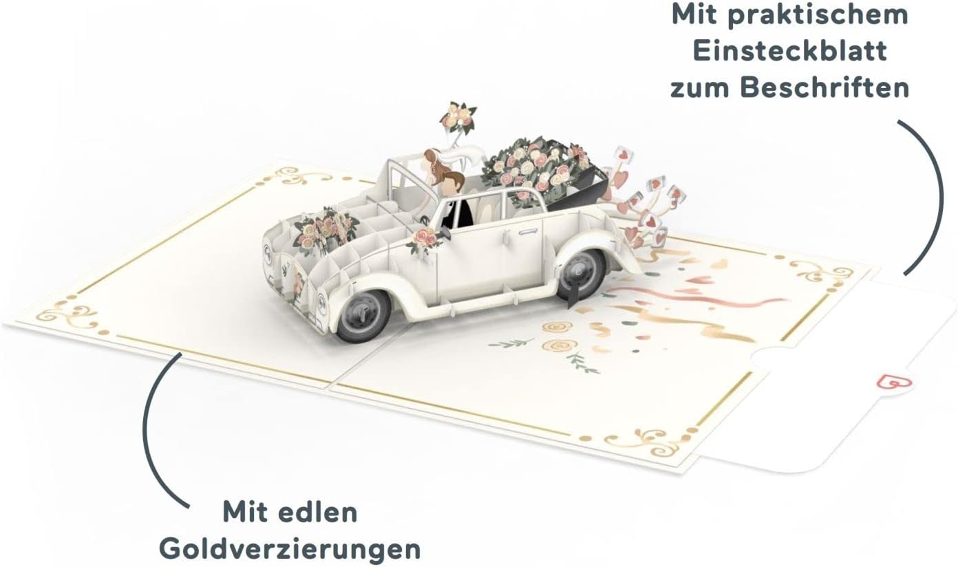 papercrush® Pop-Up Hochzeitskarte Hochzeitsauto - 3D Hochzeitskarte edel „just married“, Glueckwunschkarte zur Hochzeit, Gutschein fuer Hochzeitsreise & Geldgeschenk, Flitterwochen Geschenk