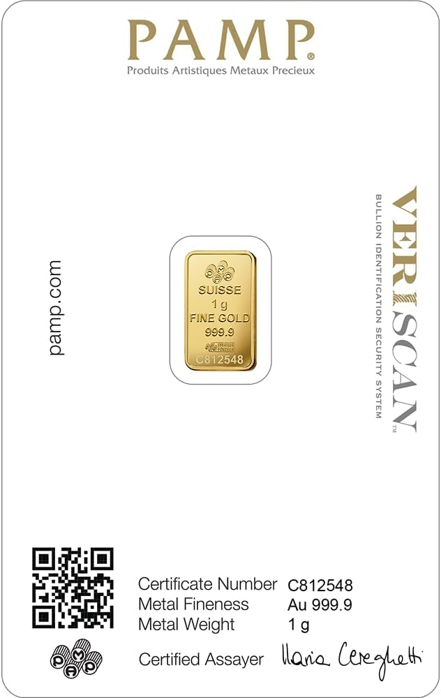 Generic 1 gram gold Pamp Suisse Fortuna Gold Minted Bar clear viewing window in gift pouch
