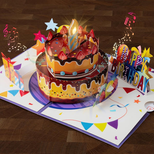 papercrush® Pop-Up Geburtstagskarte mit Musik & Licht - Musikalische 3D Geschenkkarte mit Geburtstagstorte und Happy Birthday Song fuer Frauen, Maenner und Kinder - Glueckwunschkarte fuer Maedchen & Jungen