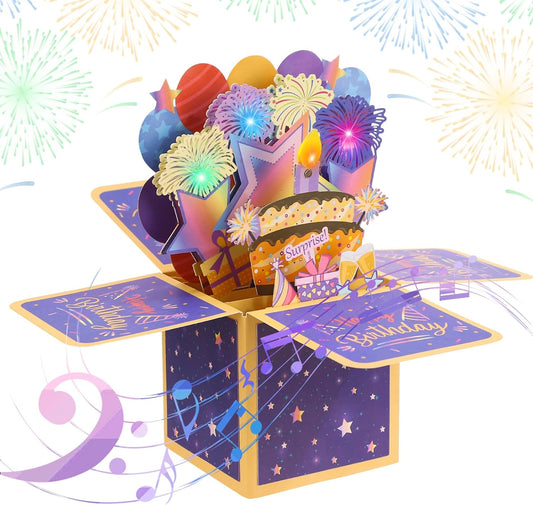taonganui Geburtstagskarte mit Musik Blowable LED Licht Kerze 3D Pop Up Feuerwerk-Karte mit Lichtern Happy Birthday Geburtstag Geschenke fuer Frauen, Maenner, Freundin und Kinder