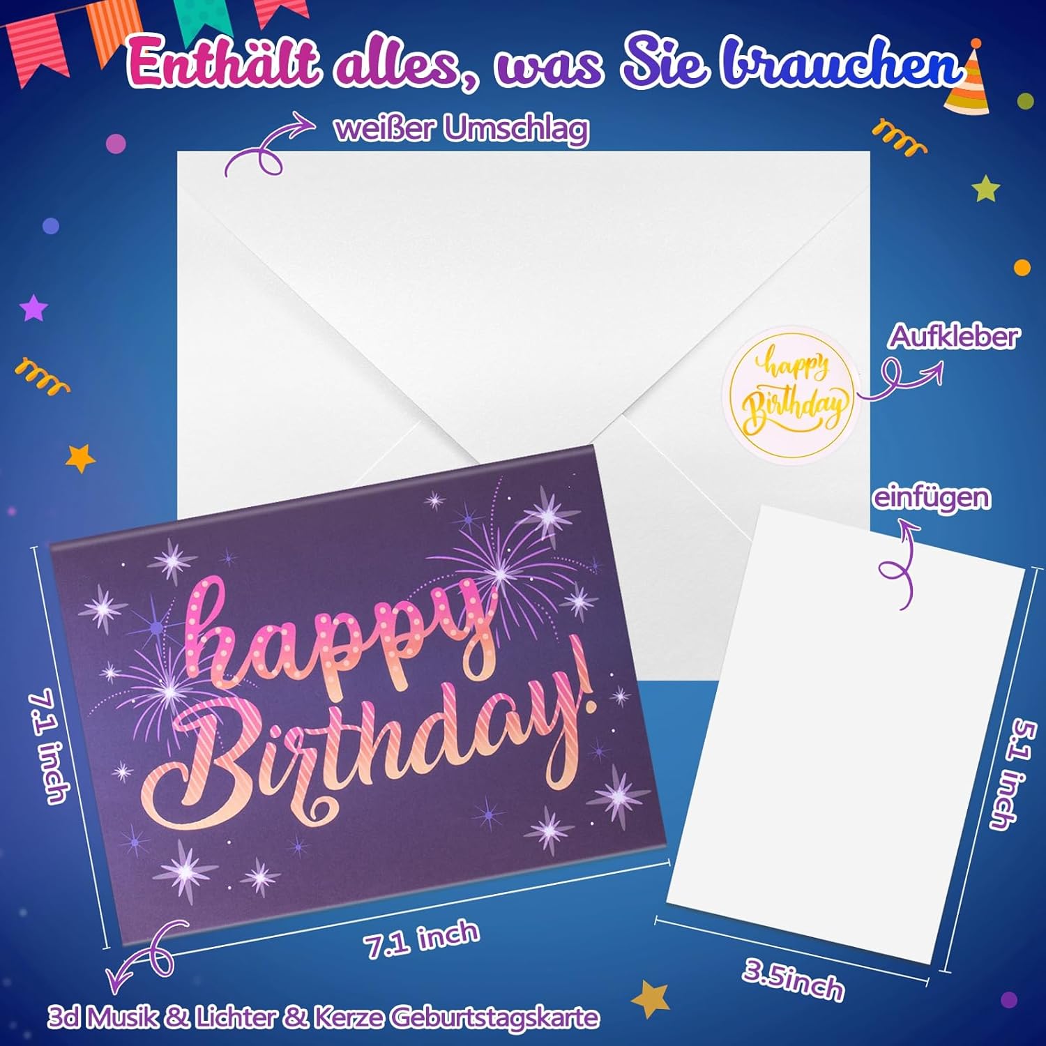 FITMITE Happy Birthday Geburtstagskarte Pop Up Kuchen Geburtstagskarten mit Musik und Licht 3D Feuerwerk Karte Geburtstag Geschenke fuer Frau Maenner Freundin