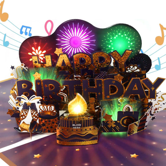 Geburtstagskarte, Musik & Feuerwerk & ausblasbare Kerze Geburtstagskarten, 3D Happy Birthday Pop Up Geburtstagskarte, Grusskarte fuer Mann Frauen Maenner Ehemann Ehefrau Jungen Maedchen Kinder