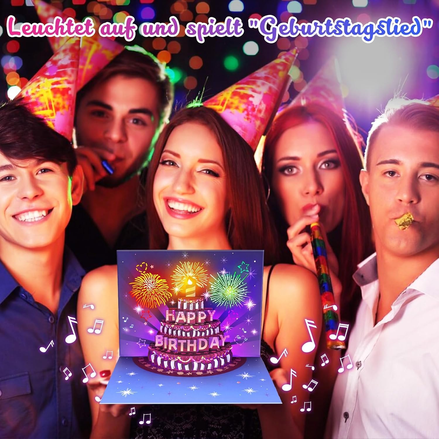 FITMITE Happy Birthday Geburtstagskarte Pop Up Kuchen Geburtstagskarten mit Musik und Licht 3D Feuerwerk Karte Geburtstag Geschenke fuer Frau Maenner Freundin