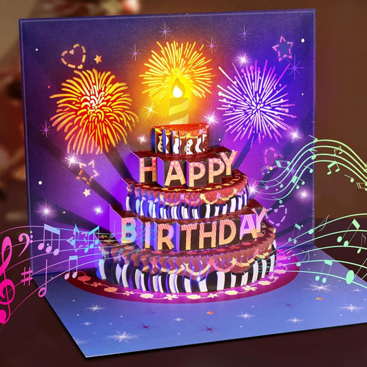 FITMITE Happy Birthday Geburtstagskarte Pop Up Kuchen Geburtstagskarten mit Musik und Licht 3D Feuerwerk Karte Geburtstag Geschenke fuer Frau Maenner Freundin