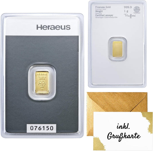 Gold zum Verschenken – Goldbarren 1g Heraeus - 999.9 Feingold - inkl. Geschenkverpackung, Grußkarte und Echtheitsgarantie