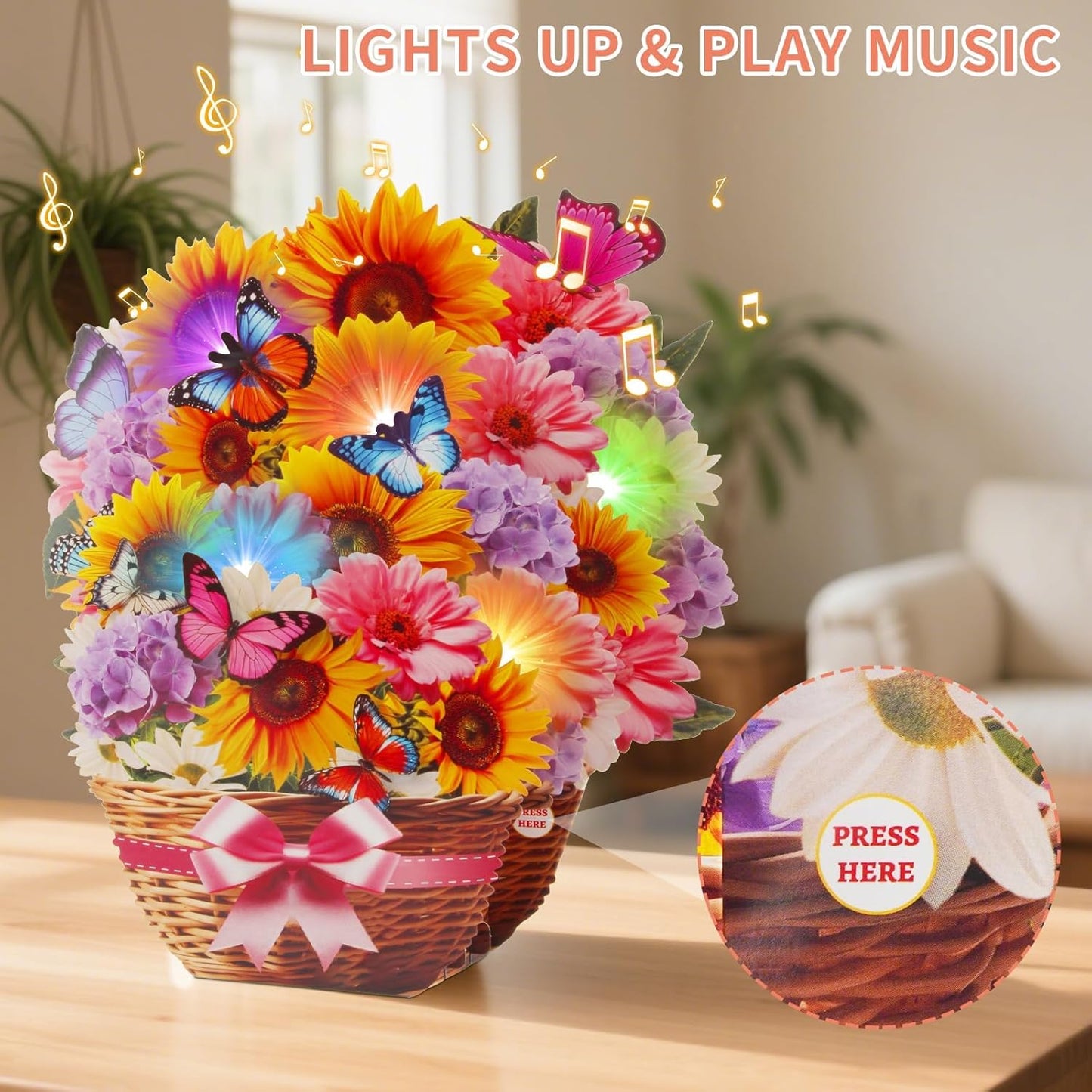 APOTODITO Sunflower Card, Sunflower 3D Pop-Up Card with Music and Light, 3D Pop-Up Bouquet, Birthday Card, Anniversary Card, Mother's Day Card for Women, Mothers and Wives