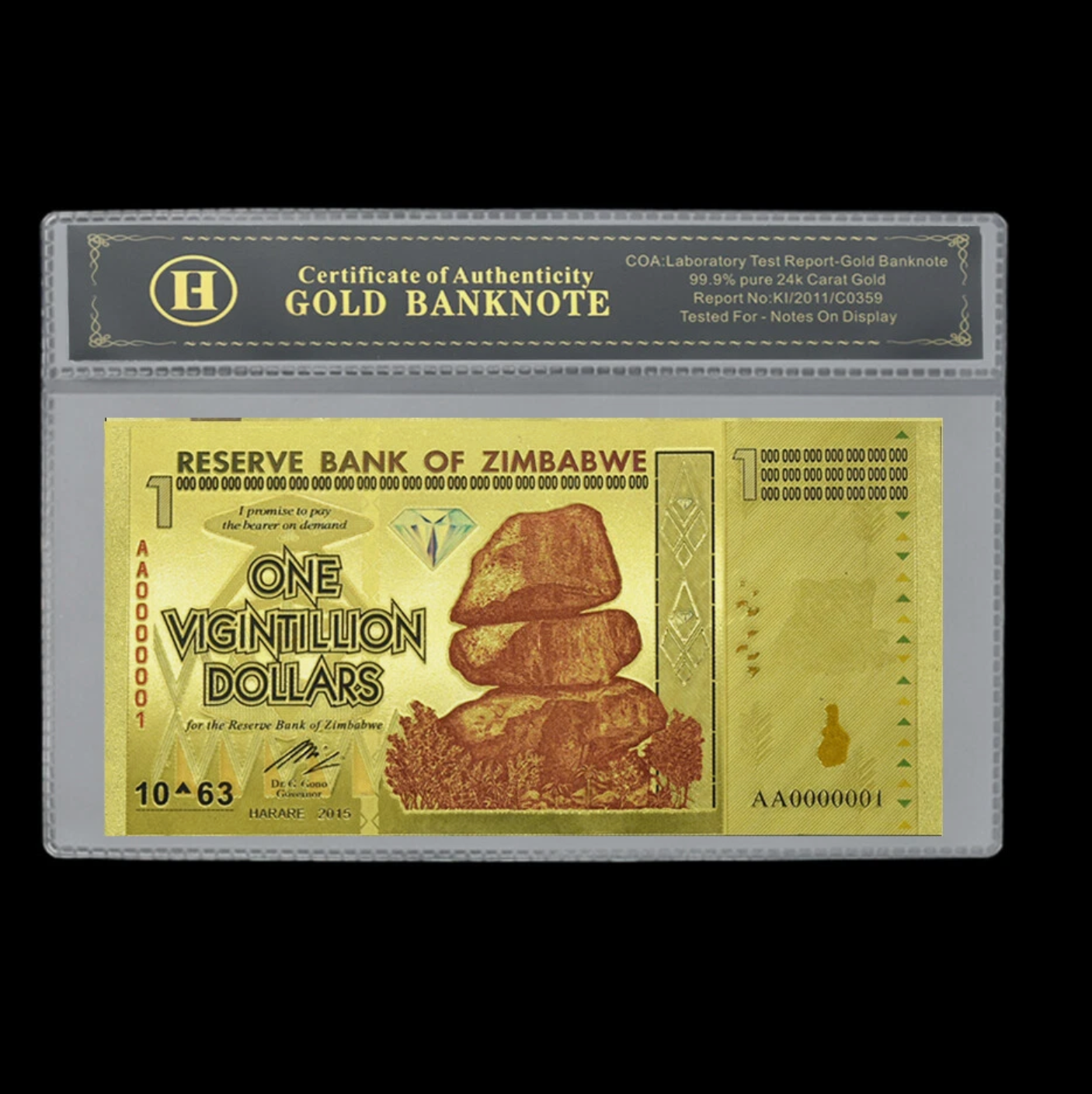 Zimbabwe One Vigintillion Dollars Gold Banknote