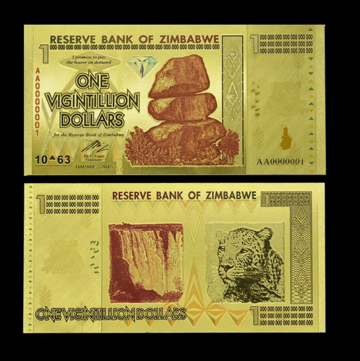 Zimbabwe One Vigintillion Dollars Gold Banknote
