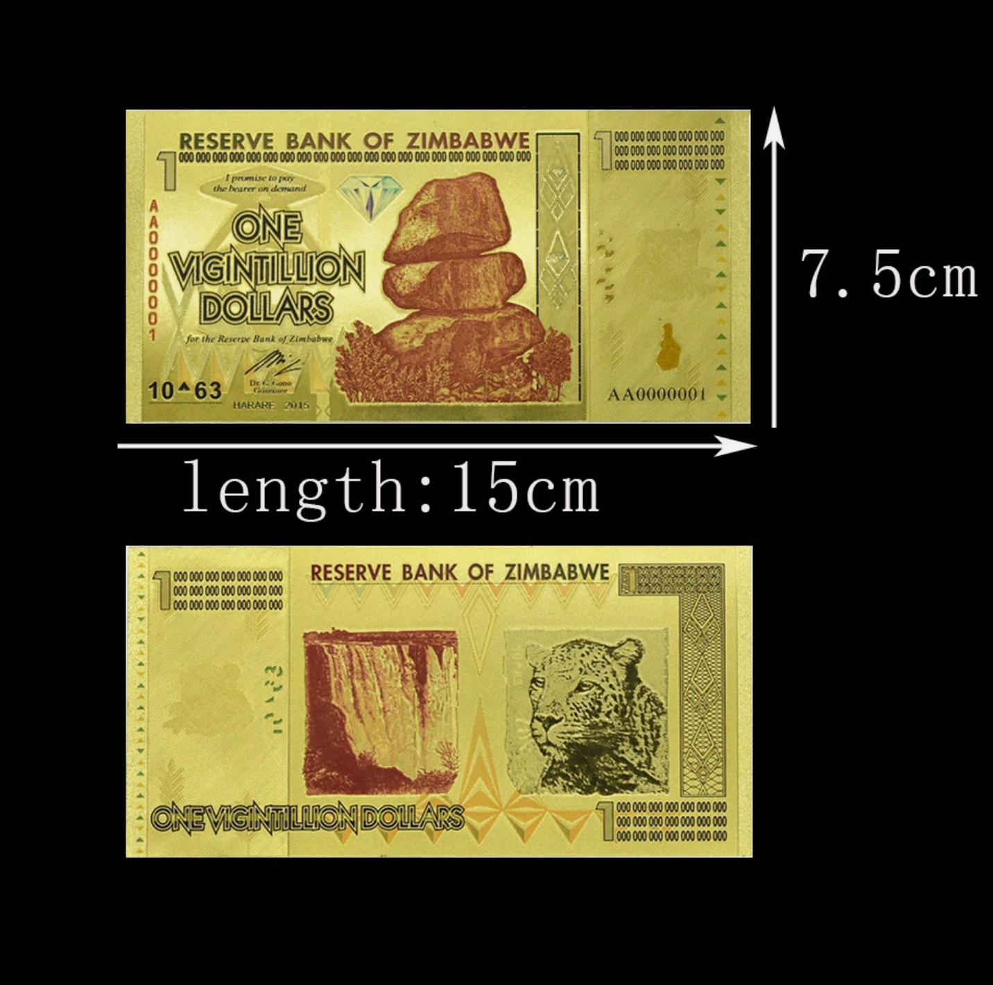 Zimbabwe One Vigintillion Dollars Gold Banknote